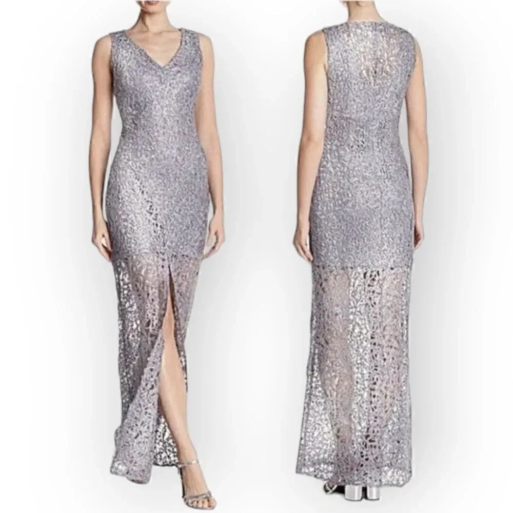 Marina Silver lace embroidery full length sleeveless v neck formal dress gown 8